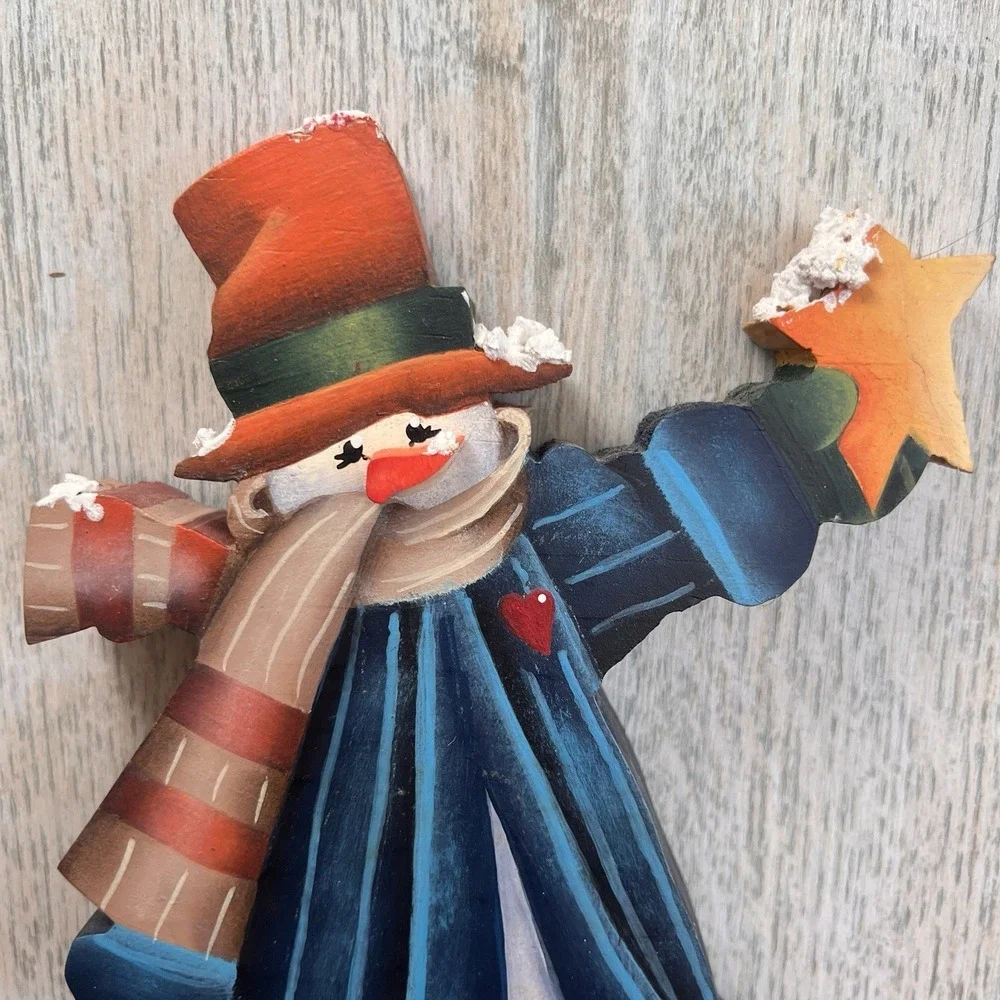 Vintage 90's Rustic Happy Wood Snowman Decoration Christmas‎ Shelf Decor 8